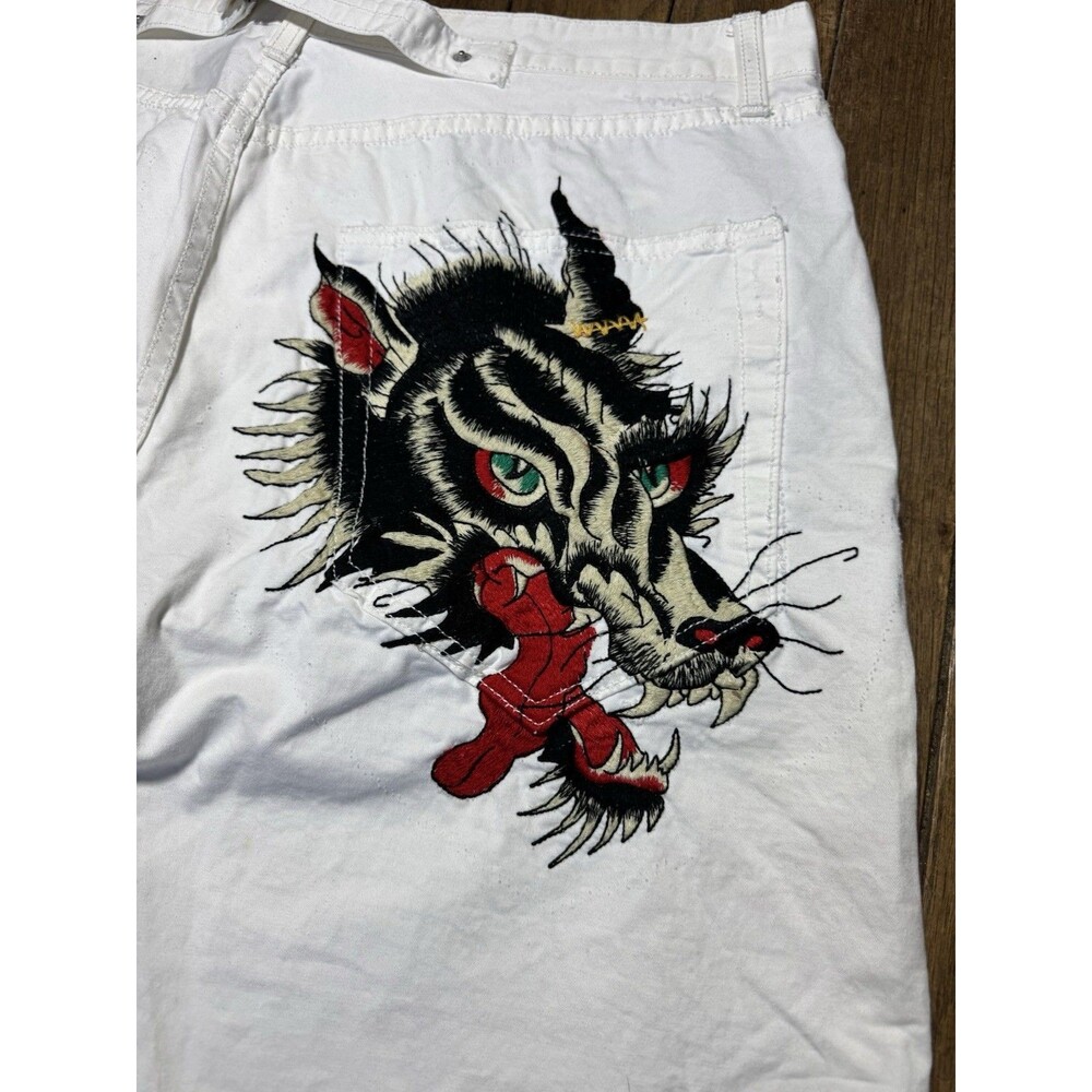 Ed Hardy RARE Wolf Embroidered White Jeans Y2K Mens Pants Size 40 X 34 EUC - Picture 3 of 11
